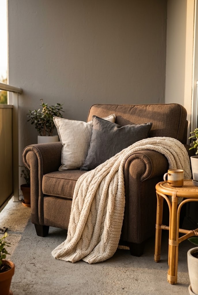 Outdoor chair with layered brown and cream pillows and a chunky knit throw on a balcony