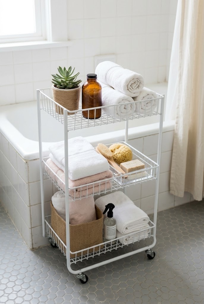 Slim rolling storage cart beside a rental tub shower combo