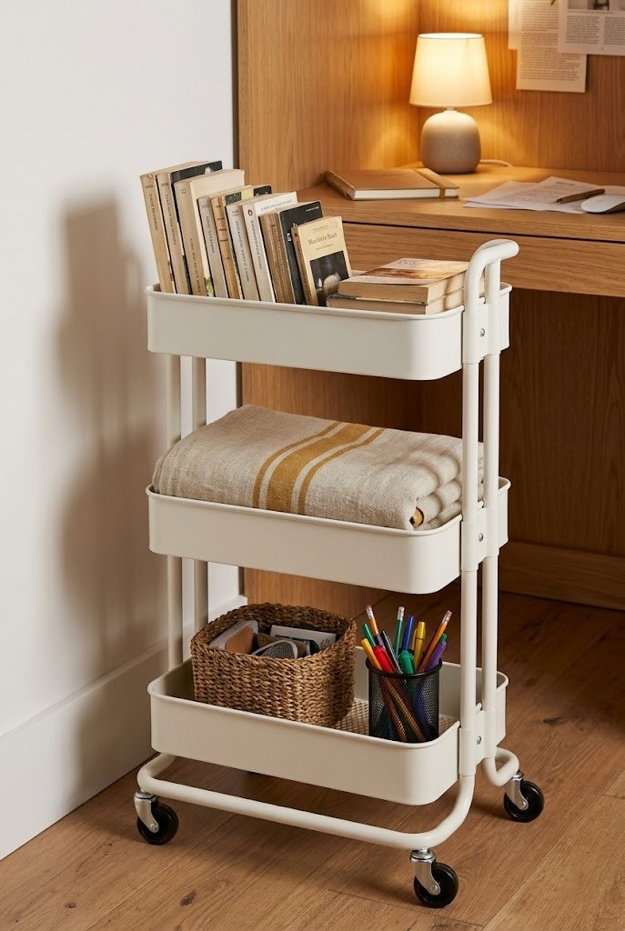 Slim rolling cart beside a closet desk for extra storage
