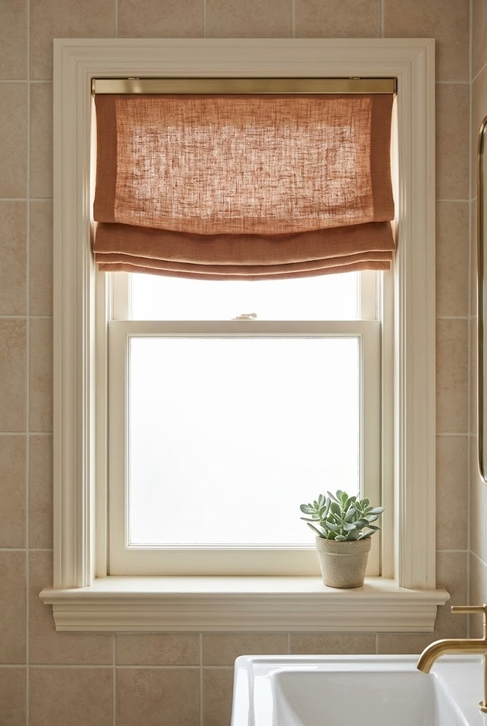 Warm clay Roman shade mounted above a frosted bathroom window against beige tile