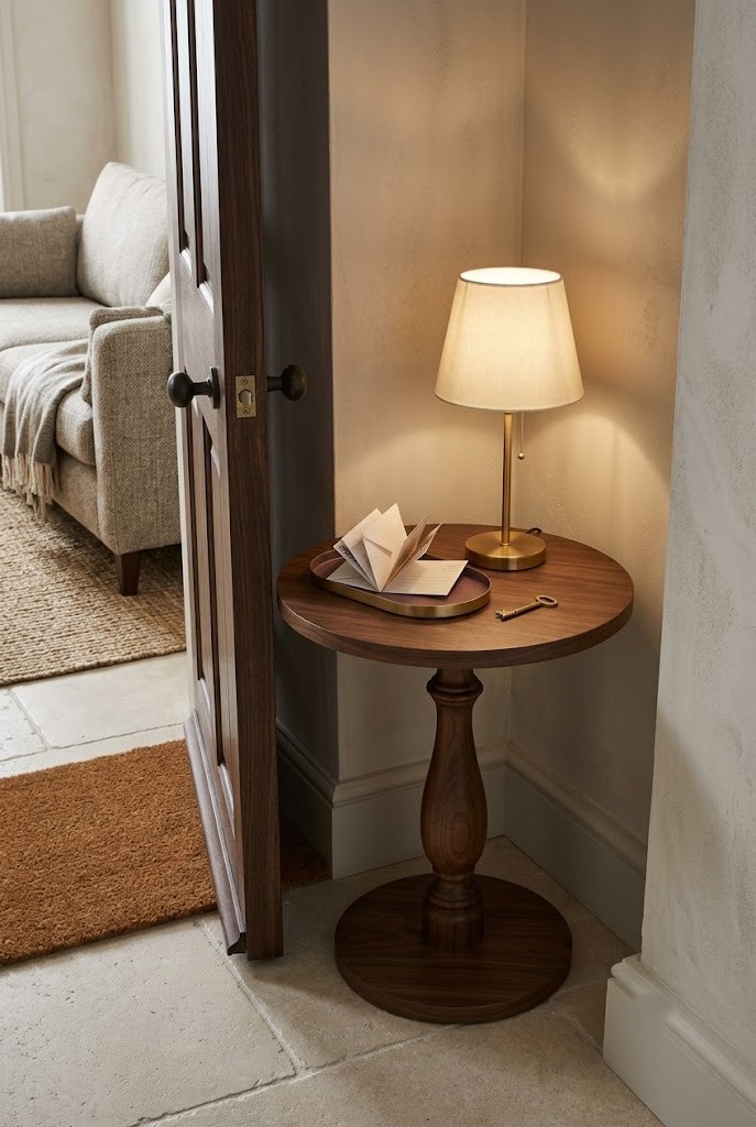 Round pedestal side table placed where a front door swing arc cuts the corner