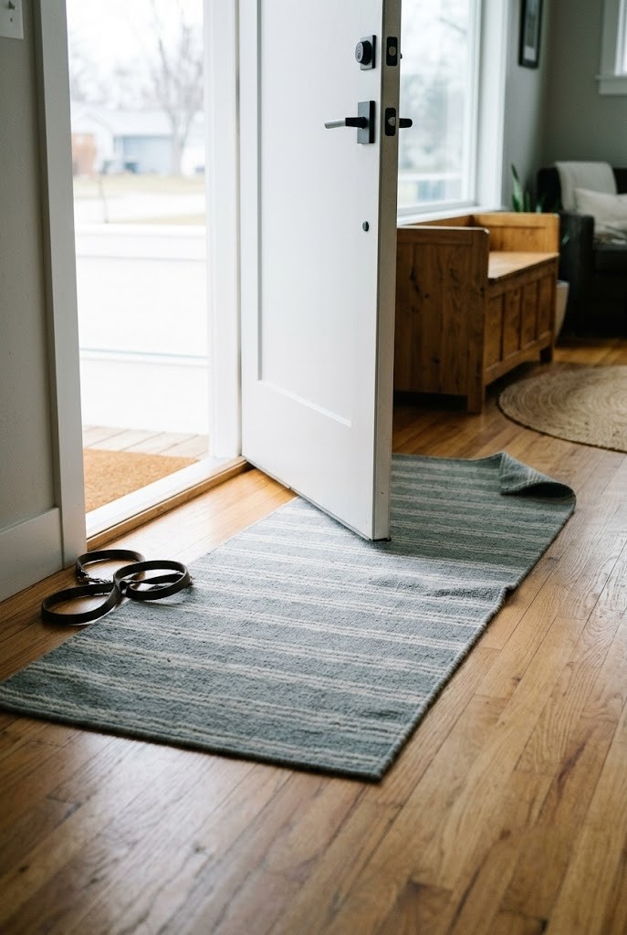 Entry rug rotated so its long edge follows the front door swing path