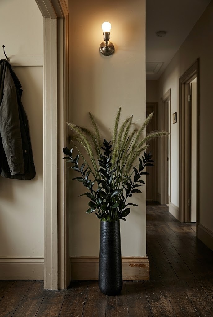Dark ruscus and fountain grass in a narrow metal floor vase in a dim hallway