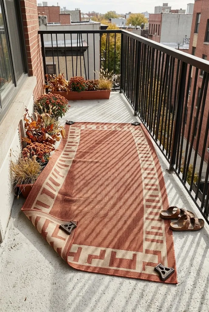 Rust and oat outdoor rug in an apartment balcony fall decor layout with weighted corners