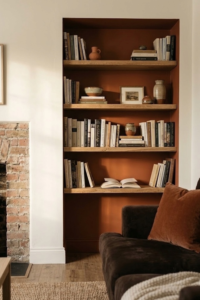 Rust painted alcove shelving beside a chimney breast and a deep brown couch