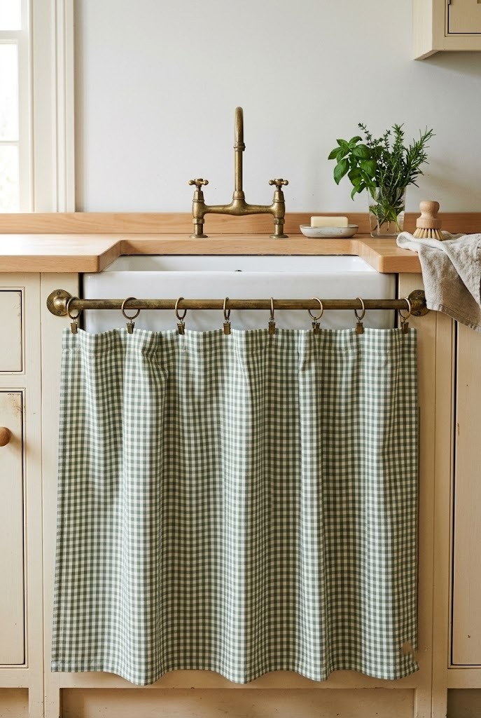 Sage green gingham cabinet skirt hung on brass clip rings below a cream painted counter