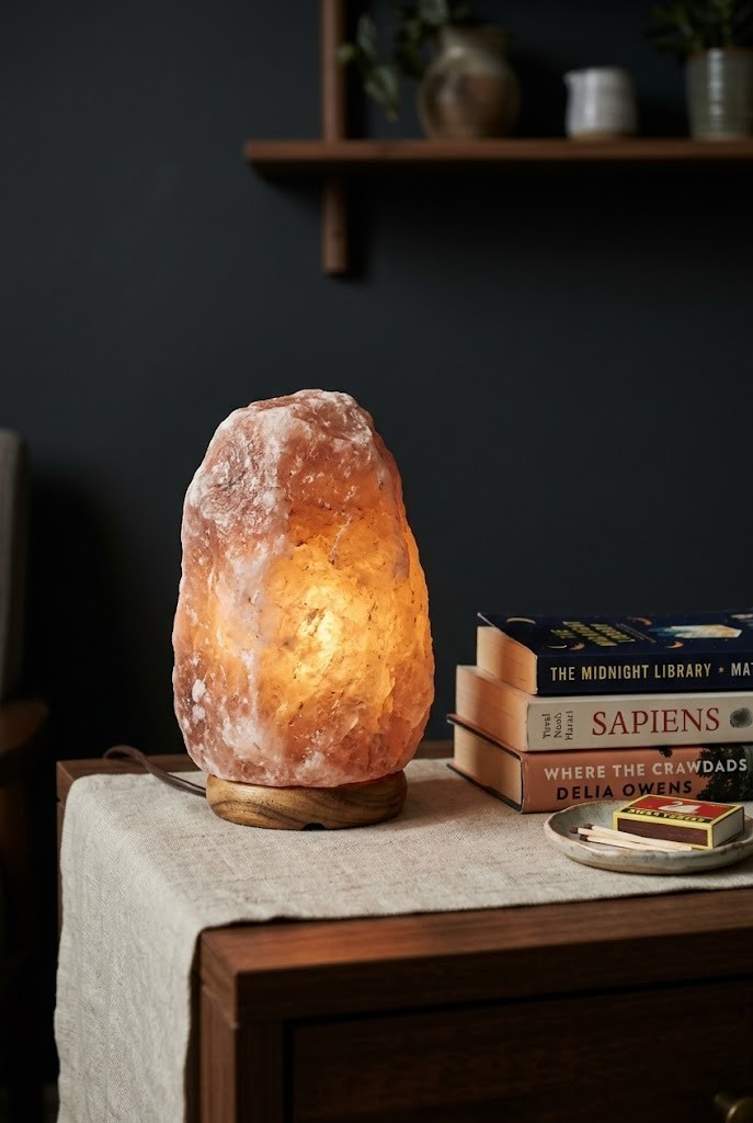 Himalayan salt lamp glowing warm amber as a small fixed light source on a side table