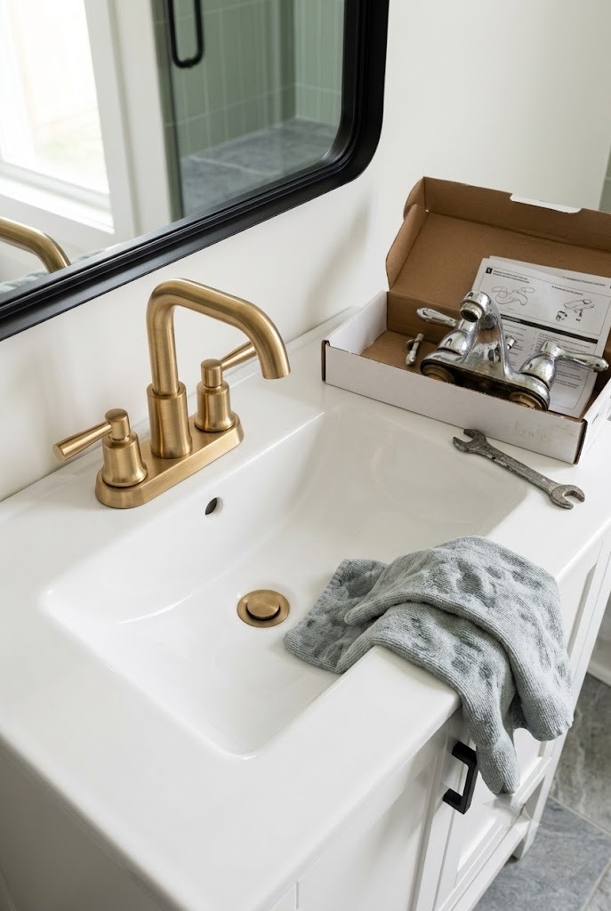 Brushed gold faucet replacing the original on a rental bathroom vanity basin
