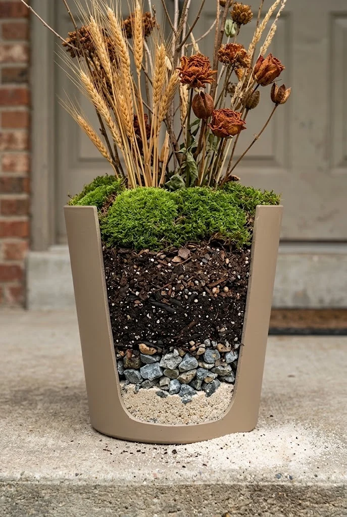 Porch planter with sand-weighted base and sheet moss covering the soil line