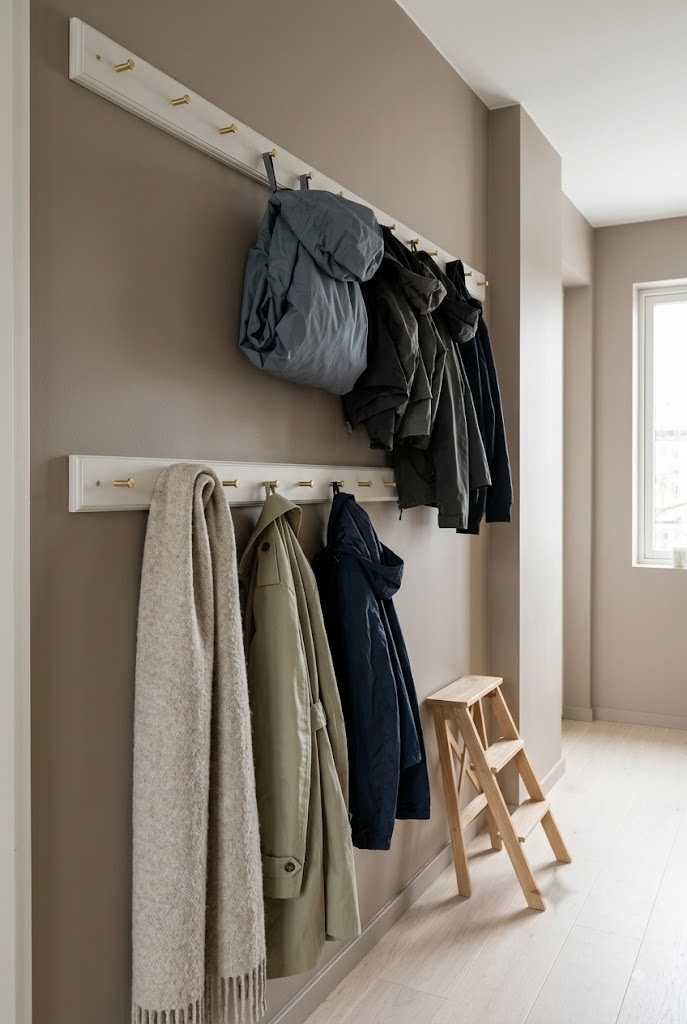 Double peg rail using the top row for off-season coats in a narrow hall