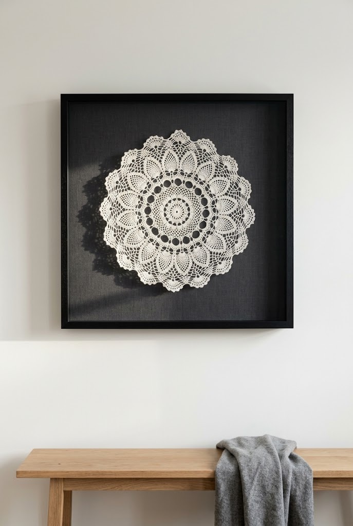 Large white doily in a deep shadow box on charcoal backing, hung above a plain oak bench
