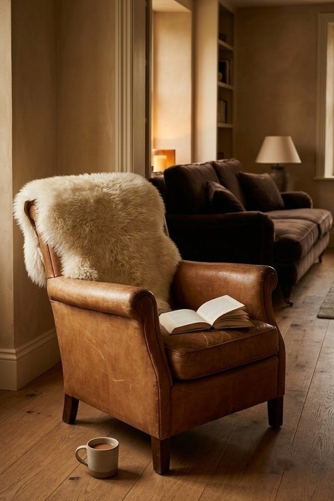 Cream sheepskin draped over a leather reading chair facing a chocolate sofa