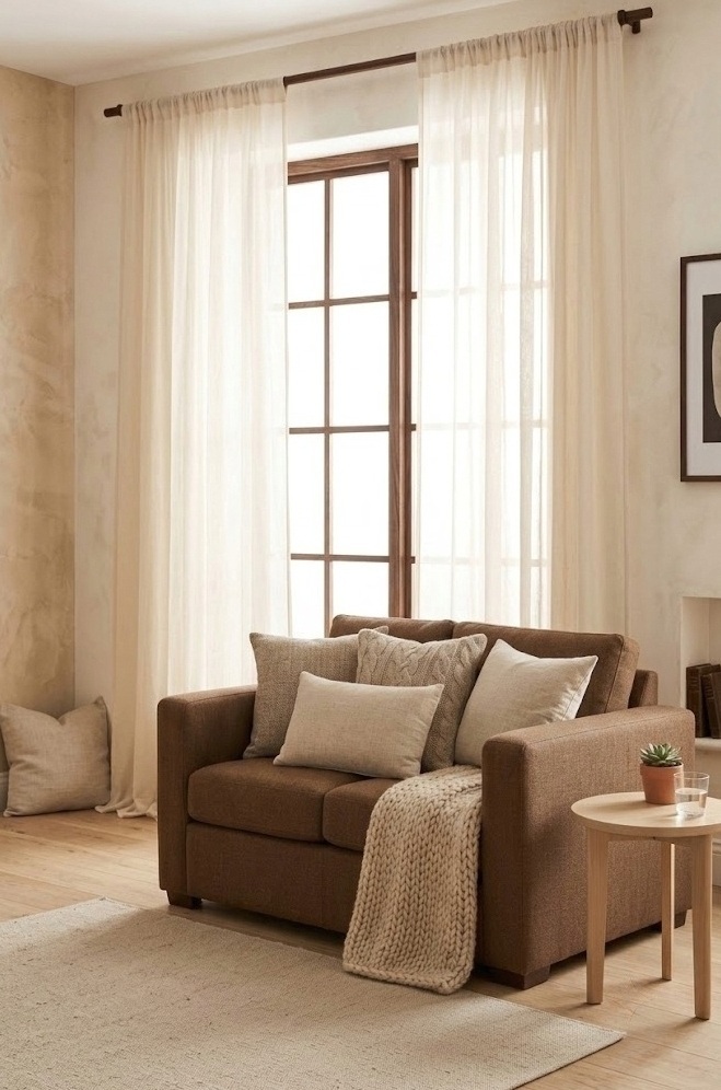 Brown sofa small living room with sheer cream curtains hung high and wide to frame the window light
