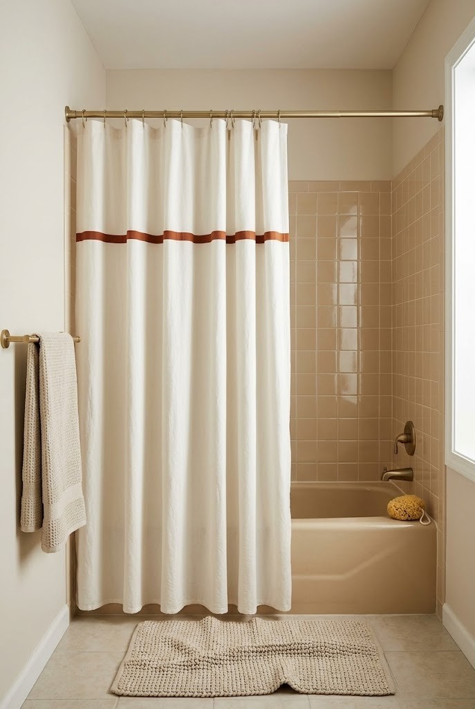 Warm white and rust shower curtain hung high over an almond tub-shower combo