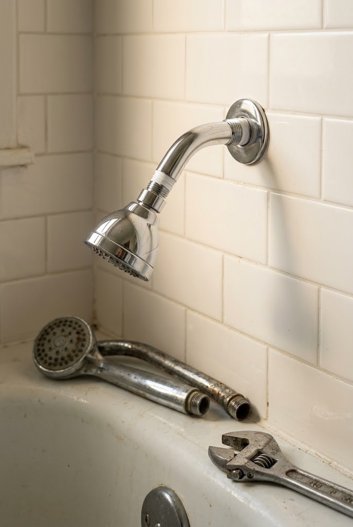 Full showerhead and arm replacement in a rental bathroom