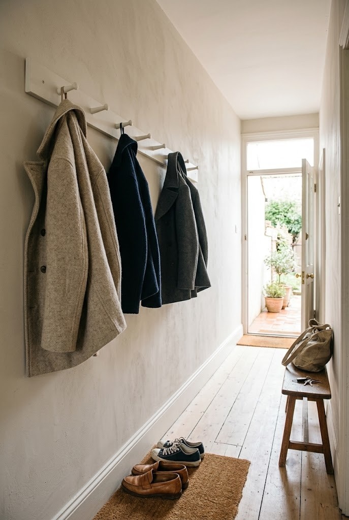 Single Shaker peg rail entryway idea mounted high in a narrow white hallway