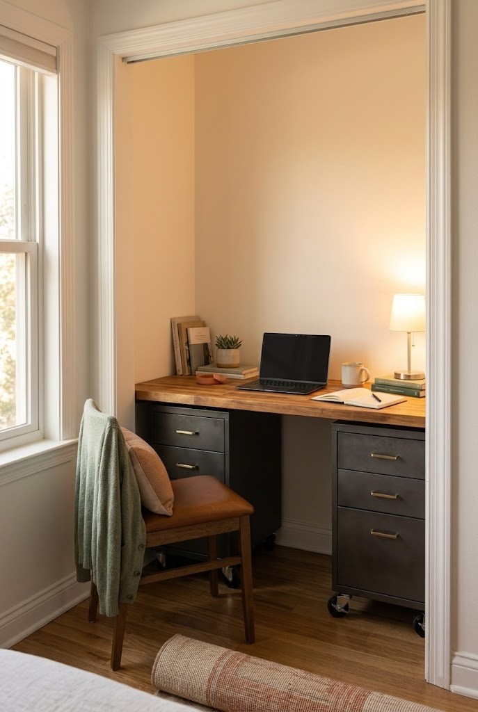Butcher-block desk slab on two rolling file cabinets in a closet nook