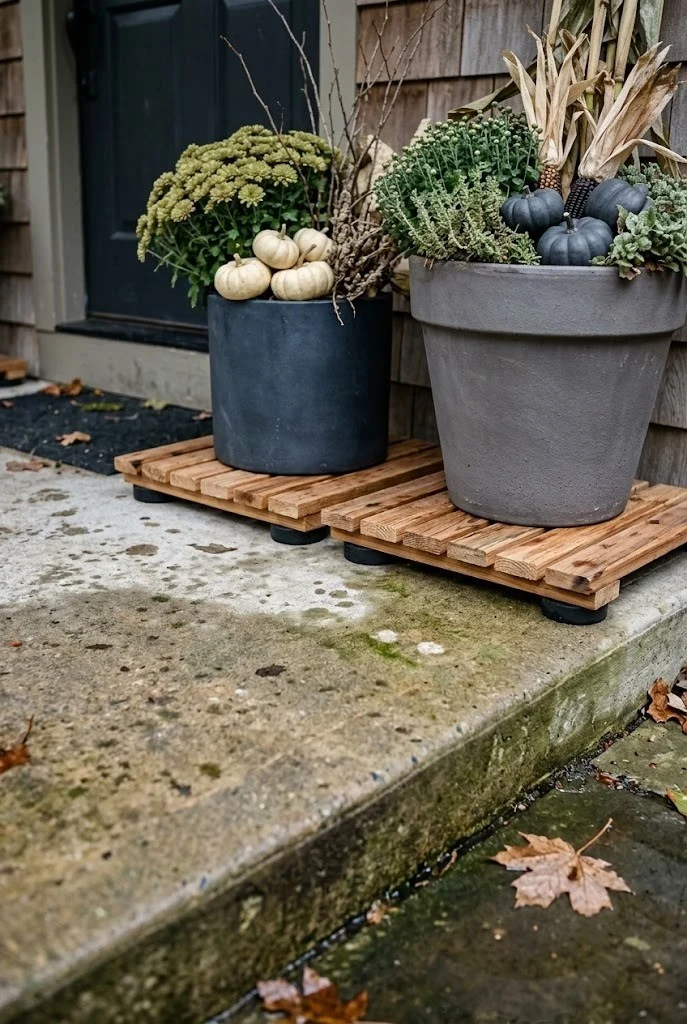 Fall containers raised on cedar slat trays and pot feet on a damp shaded stoop