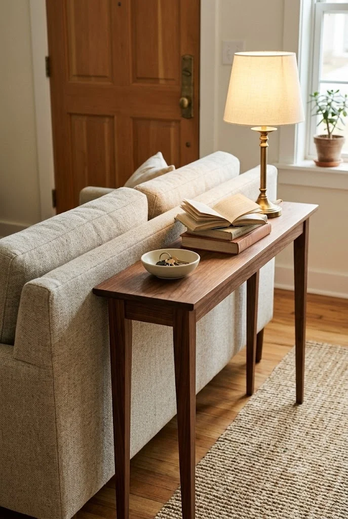 Slim console table against a sofa back as an entryway drop zone