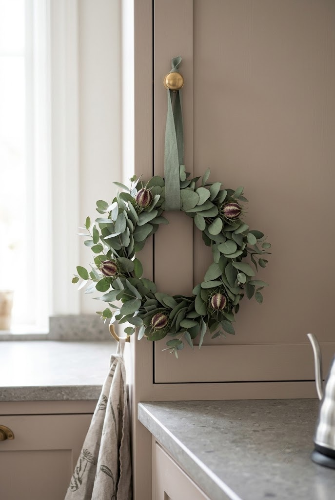 Small preserved eucalyptus and nigella wreath hung on a painted kitchen cabinet door