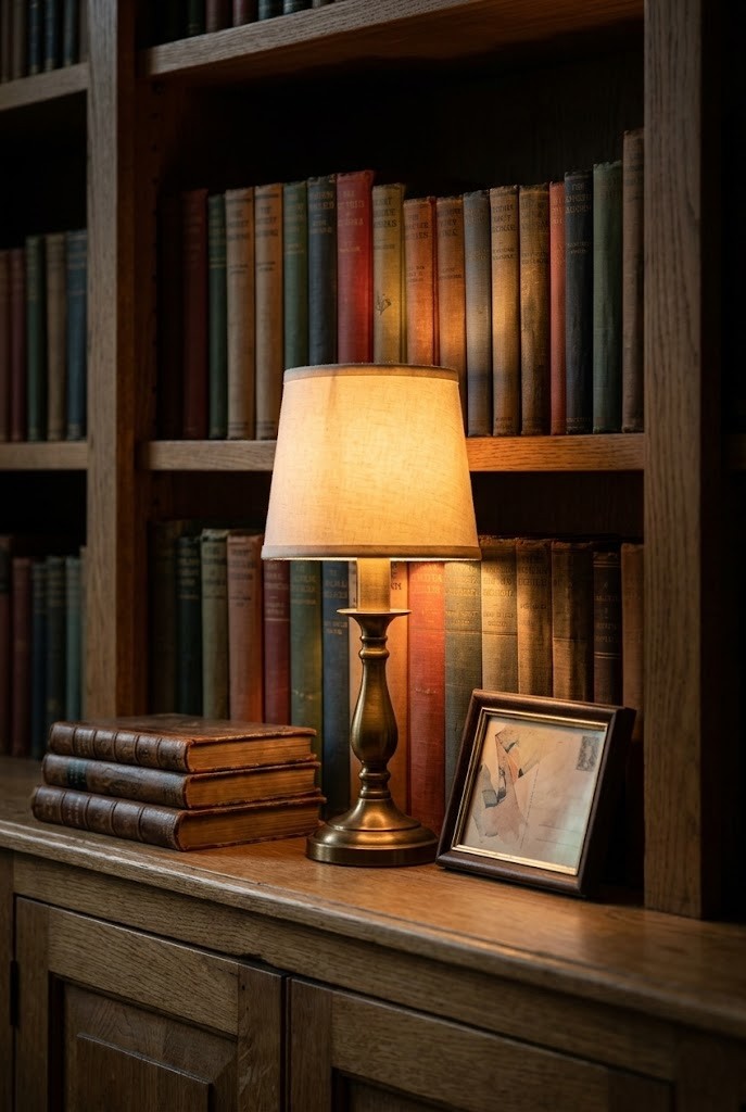 Small warm lamp nestled among books on a shelf making the bookcase glow in a dark room