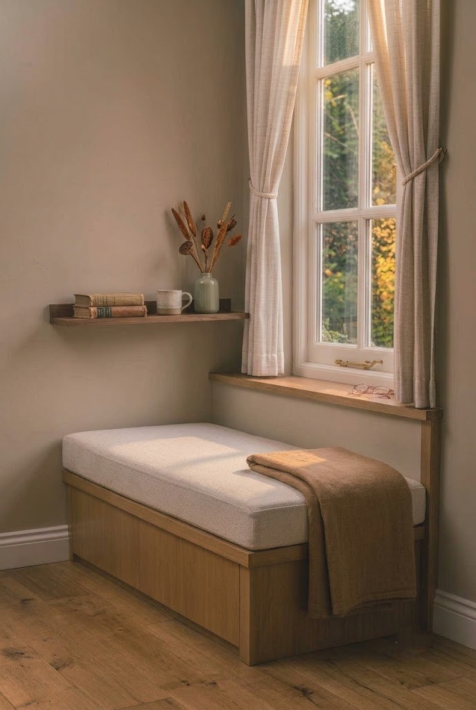 Cozy fall window seat styled with a few books, a mug and dried stems, seat kept clear