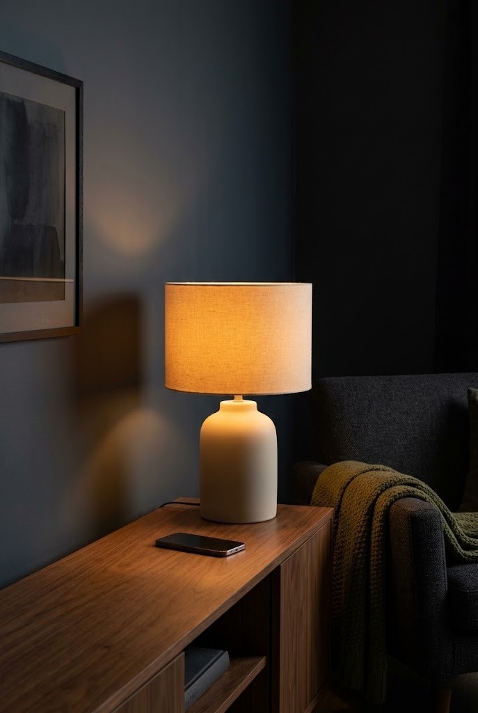 Table lamp glowing amber from a smart bulb set to a warm low evening scene in a dark room