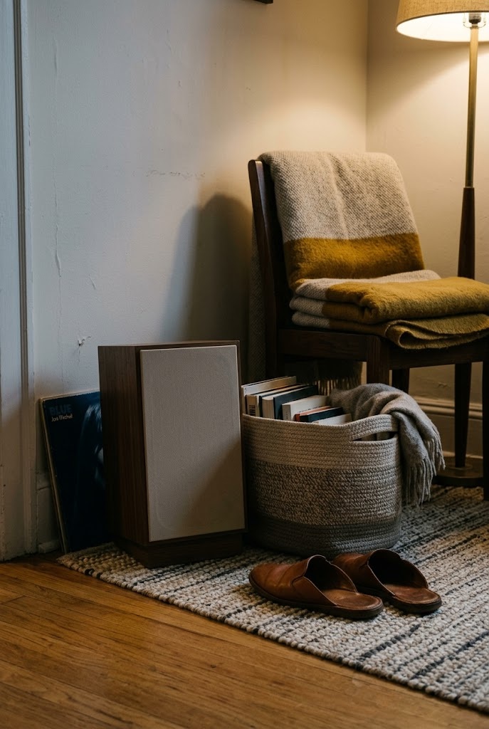 Apartment corner with floor speaker, woven basket and wool blanket for warmth