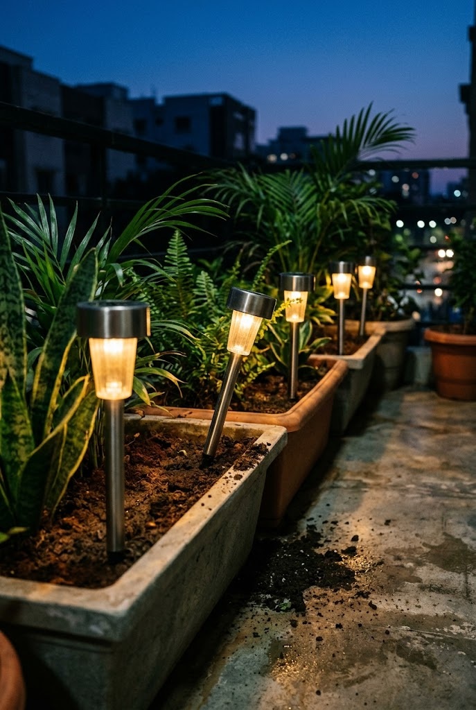 Solar stake lights glowing in floor-level balcony planters just after sunset