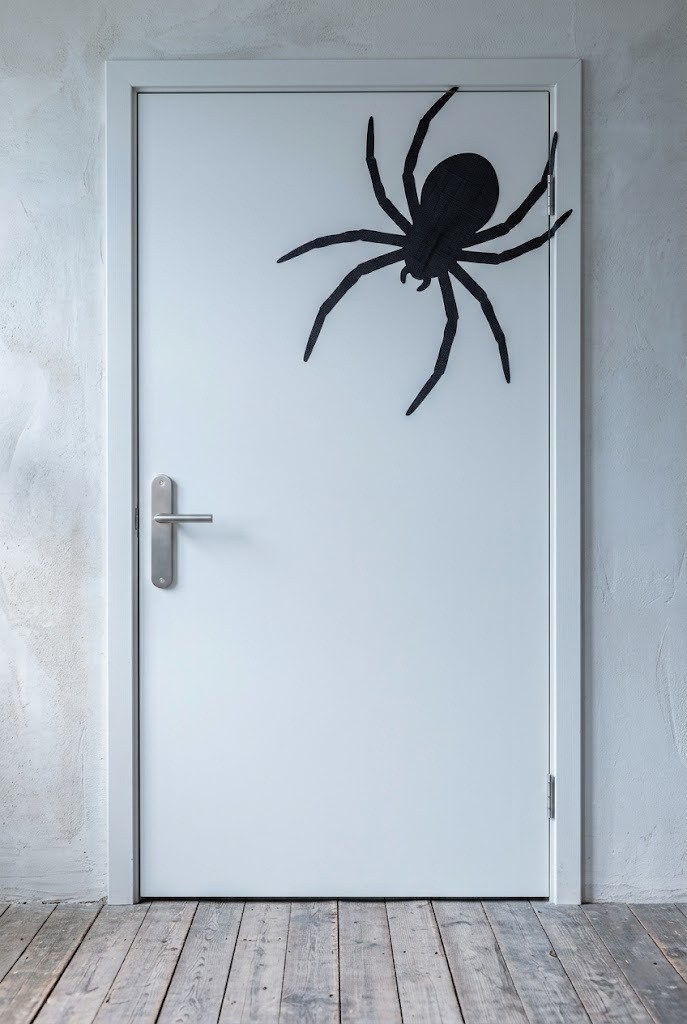 Removable giant black spider decal on a plain apartment door for damage-free Halloween decorating