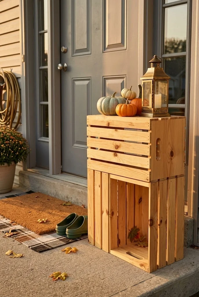 Stacked wooden crates on a concrete stoop staged with small pumpkins and a lantern
