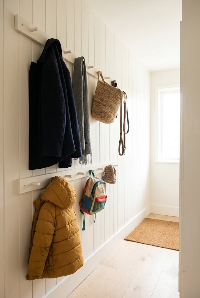 Stacked double peg rail with a low kids row in a narrow entry hallway