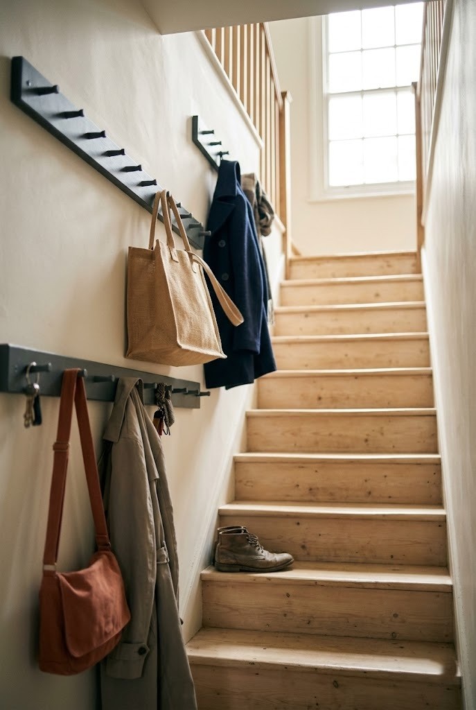 Stacked peg rail on a stairwell wall following the stair rise