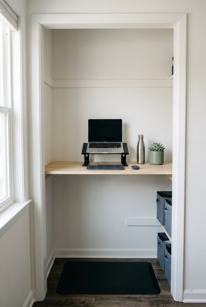 Standing desk built on a closet's upper shelf with a laptop riser