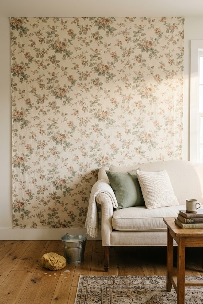 Renter accent wall of faded floral starched fabric covering a small living room wall