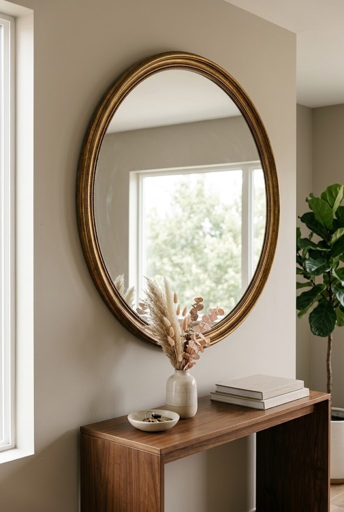 Renter accent wall with one oversized round mirror centered above a living room console