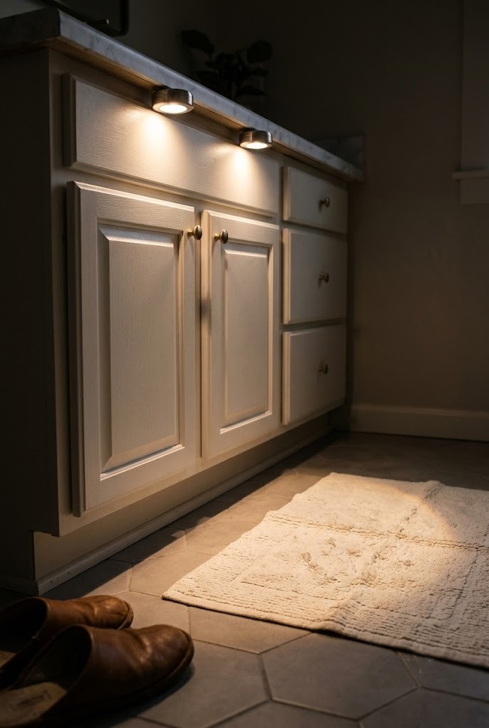 Stick-on rechargeable puck lights glowing under a bathroom vanity countertop at night