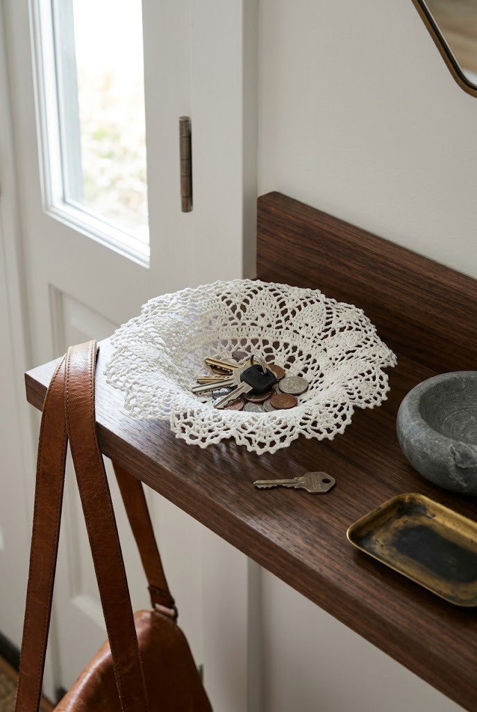 Stiffened white doily bowl holding keys on a dark walnut entry shelf beside a stone dish