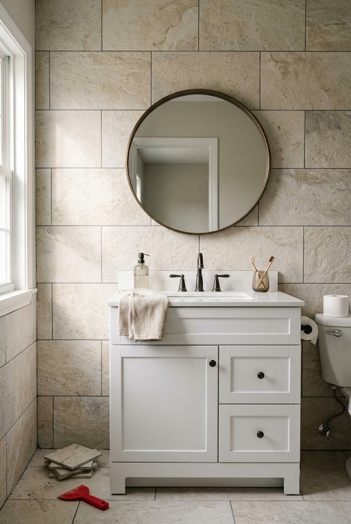 Stone-composite adhesive tile covering the full wall behind a bathroom vanity