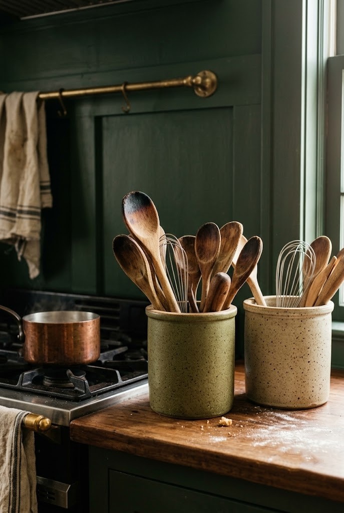 Dark cottagecore kitchen stoneware crocks by the stove holding wooden utensils