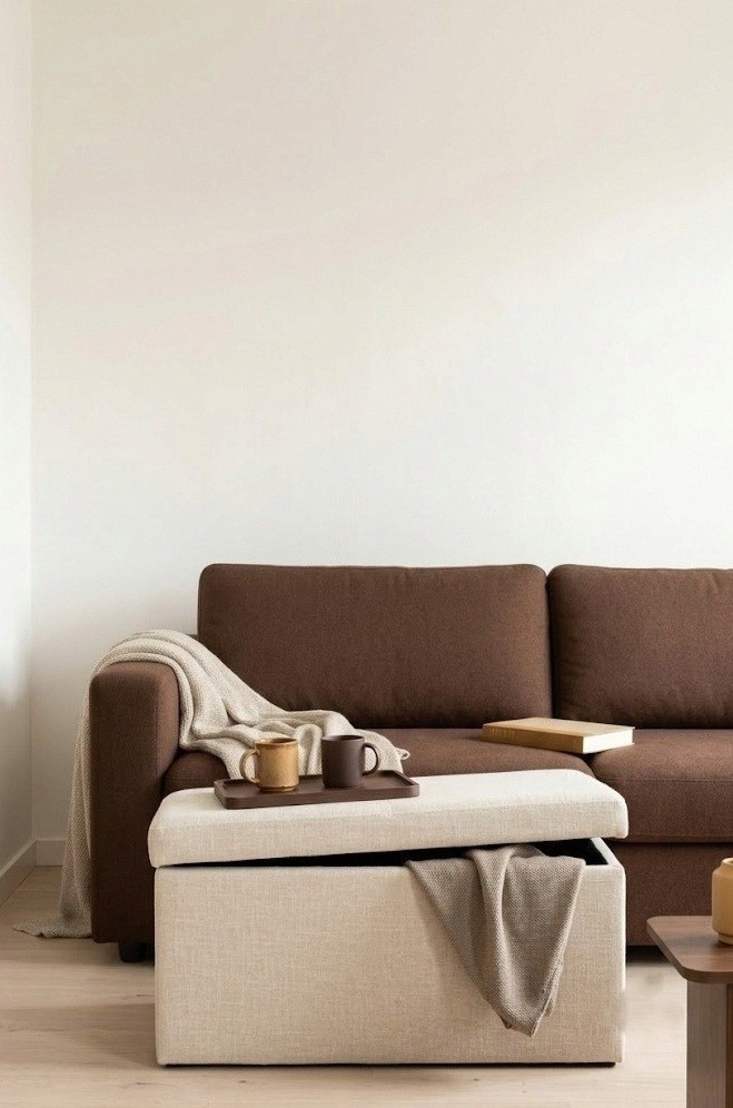 Brown sofa small living room with a light storage ottoman doubling as a coffee table