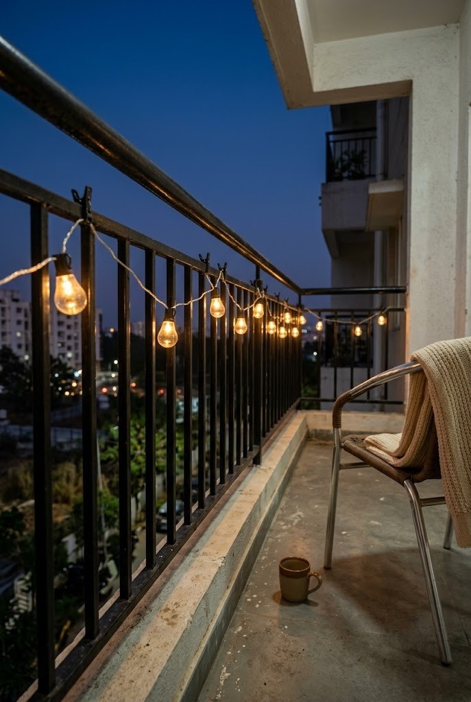 Warm string lights clipped along the inside of a balcony railing at night