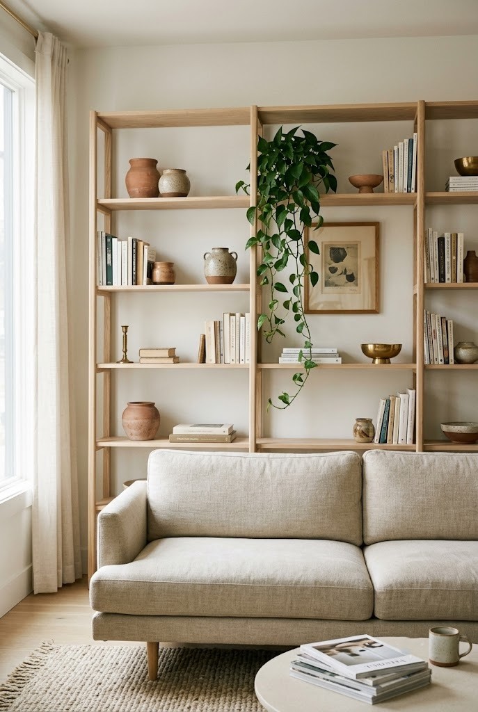 Tall open shelving unit styled with books, ceramics and a trailing plant behind a living room sofa