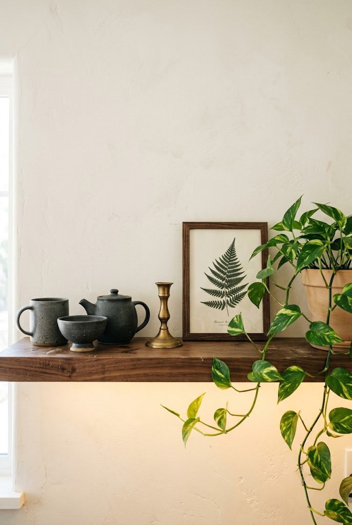 Dark cottagecore kitchen styled open shelf with stoneware, brass and a trailing plant