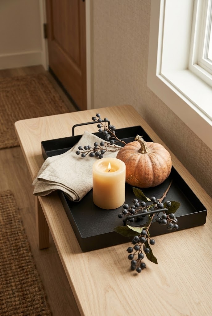 Styled Halloween tray vignette on an apartment entry bench, self-contained and removable decor