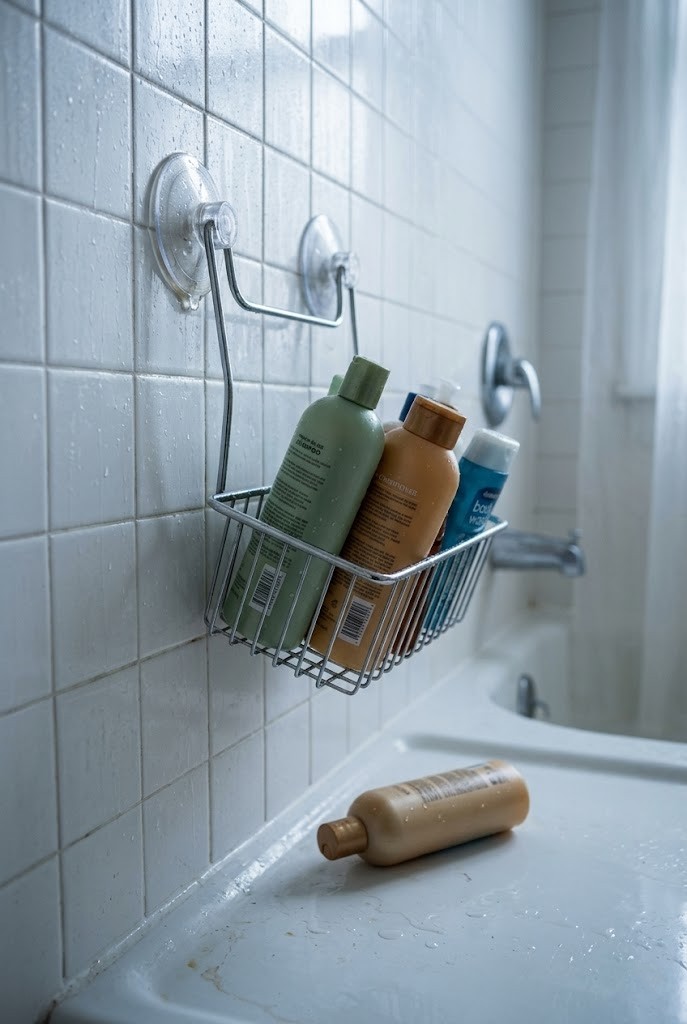 Suction shower caddy failing on a rental tub wall