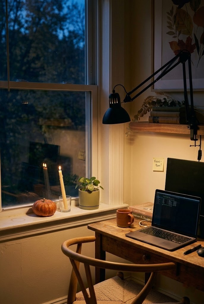 Swing-arm desk lamp with a warm bulb lighting a small fall home office desk in the evening
