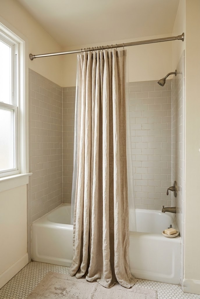 Renter tub shower combo with a tall ceiling-height tension rod and floor-length curtain