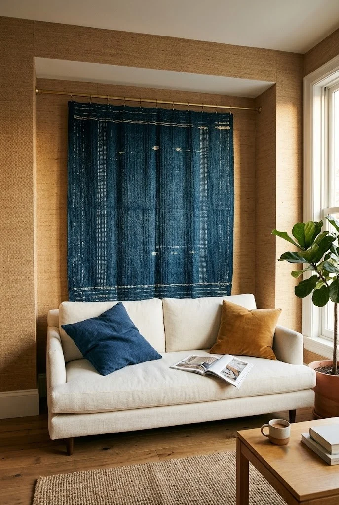 Deep indigo woven tapestry hung from a tension rod across a living room alcove above a sofa