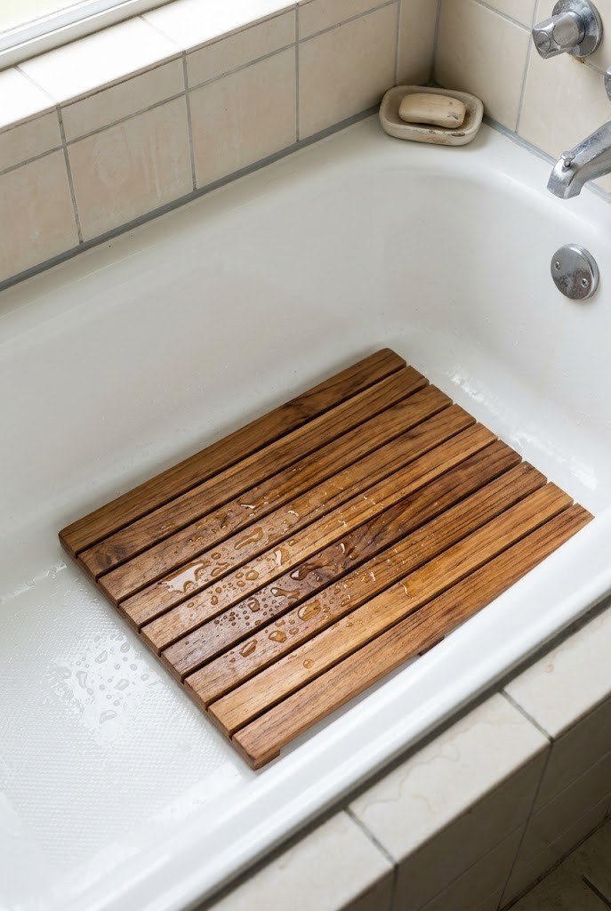 Teak slat mat covering an old rental tub floor